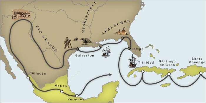 A map illustrating Cabeza de Vaca's initial landing point and subsequent travels